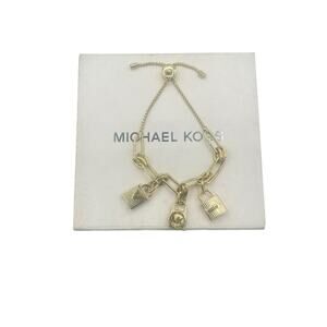 NEW MICHAEL KORS GOLD TONE CHAIN LINK,3 PADLOCK CHARMS BRACELET